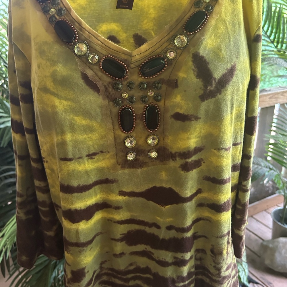 Multiples Yellow and Brown Embellished Tunic Blouse